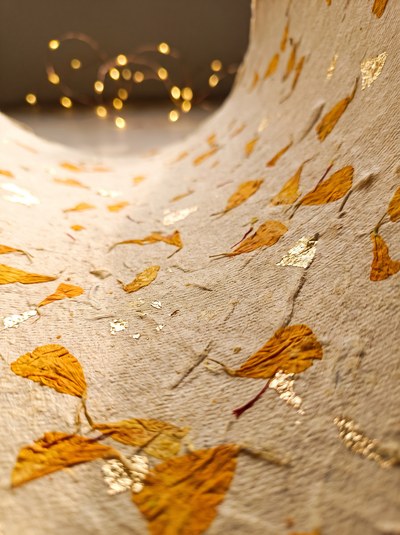 Festival Marigold — Fairy-light bokeh far behind a marigold bed.