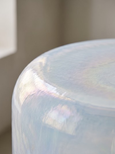 Iridescent Pearl Glass — Soft diffused light, rainbow shimmer.